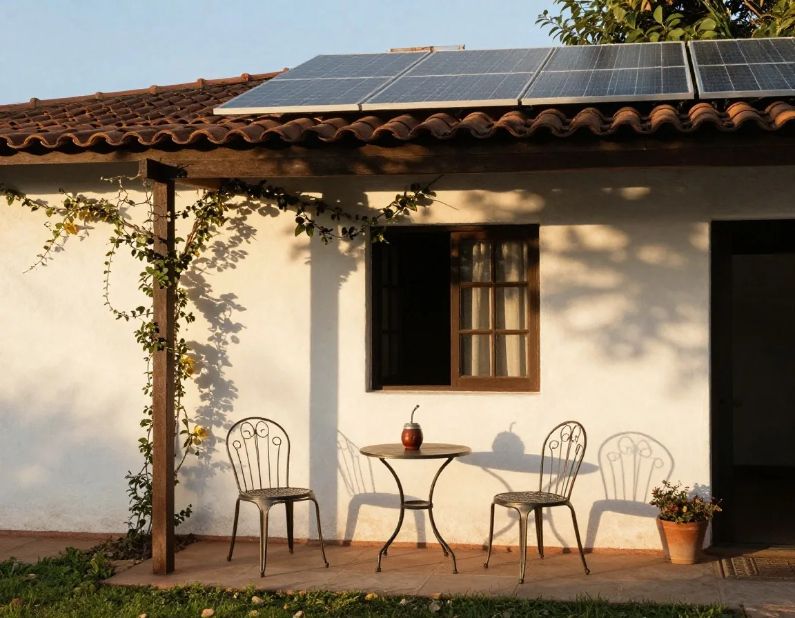 Patio de casa argentina bajo sol de tarde