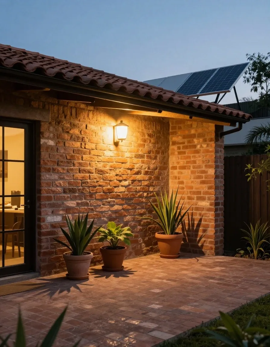 Techo de vivienda argentina con paneles solares a la tarde