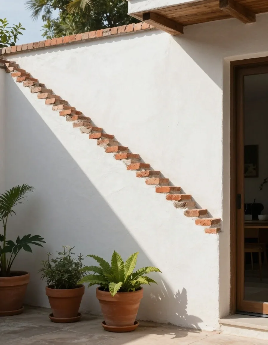 Muro de patio con revoque y ladrillo visto