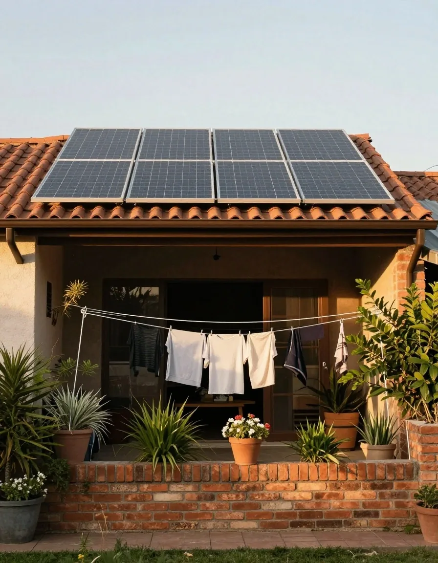 Techo de vivienda argentina con paneles solares a la tarde